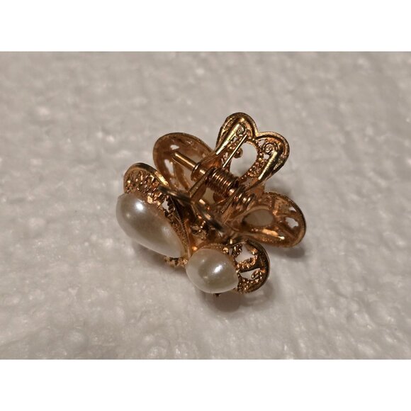 Vintage Gold-Tone Hair Claw Clip Faux Pearl Embellishments & Intricate Filigree - Picture 3 of 5